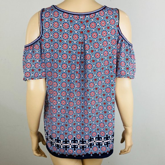 Max Studio Blue Red Bohemian Print Short Cold Should Sleeve Women's S Top - Picture 3 of 4
